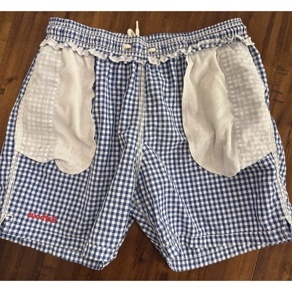 Barbour Men's Gingham Swim Shorts Blue White Mesh Lined Size S